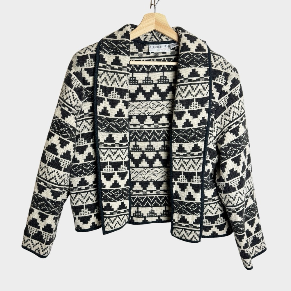 Bedford Fair Jacket Women XL Cardigan Open Southwest Black  Aztec Tapestry Artsy